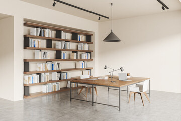 Modern office interior with wooden desk and bookshelves. 3D Rendering