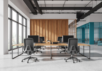 Modern open space office interior with wooden accents. 3D Rendering