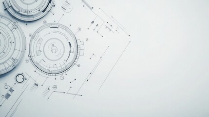 A minimalist design featuring circular elements and abstract lines on a light background, suggesting a technical or engineering theme.