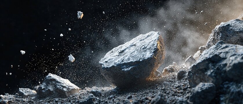 A large, gray rock falls from a height and creates a cloud of dust.