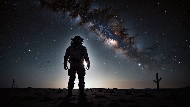 A cosmic wanderer traversing the endless expanse of the galactic void, their silhouette illuminated by distant stars in a wet plate collodion photograph