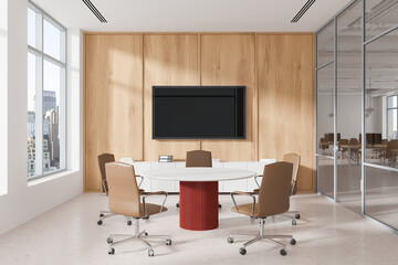 Modern conference room with a round table and office chairs. 3D Rendering