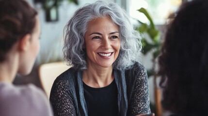 Smiling grey-haired woman sharing her wisdom with younger generations, engaging in meaningful conversations.