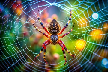 A spider delicately navigates its intricate web, highlighting the exquisite artistry of arachnid design within nature's