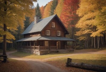 A beautiful log cabin situated in the heart of a forest during autumn