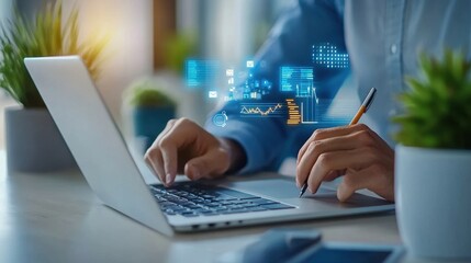 Professional team strategizing over financial documents, laptops and discussions, bright open office