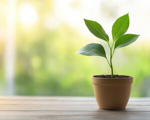 A small green plant thriving in a pot on a wooden surface, symbolizing growth and nature's beauty in a serene environment.