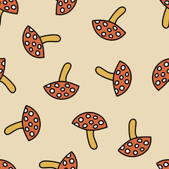 Seamless Pattern with Mushroom Fly Agaric. Red Mushroom with White Spots. Toxic Mushroom Repeating Background.