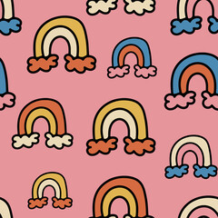 Cute Seamless Pattern with Hand Drawn Rainbow Doodle.