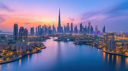 Obraz premium Stunning Dubai Skyline at Sunset with Water Reflection