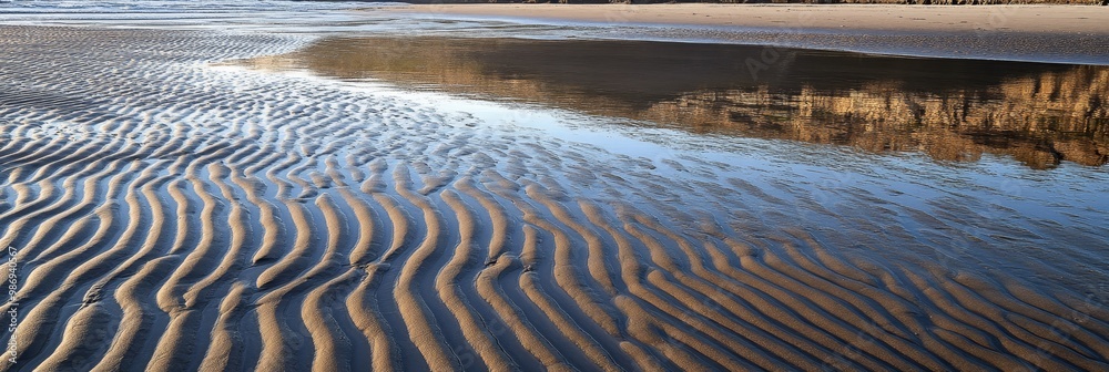 Poster A serene and tranquil beach at low tide, revealing intricate patterns of ripples in the wet sand. The gentle flow of the tide creates a mesmerizing effect, symbolizing the ebb and flow of life, the pa