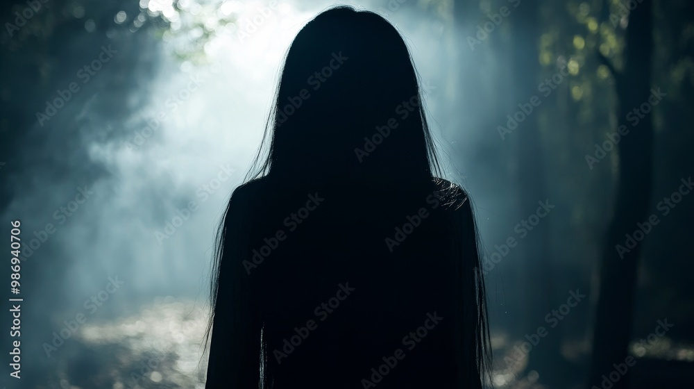 Wall mural A shadowy figure of a female ghost with long black hair, standing in a dense, foggy forest. The image evokes feelings of fear, mystery, and the unknown. The silhouette suggests a haunting presence and