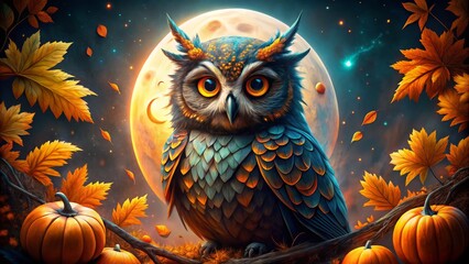 Naklejka premium Bewitching Halloween owl art showcases intricate designs, set against a mystical night sky adorned with autumn-themed
