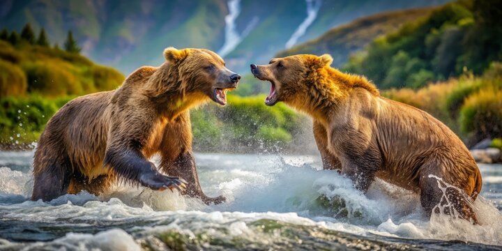 Beneath towering trees, two bears clash fiercely, their growls echoing through the forest. Nature witnesses their raw