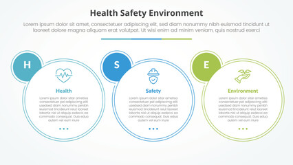 HSE infographic concept for slide presentation with big circle outline and badge on right with 3 point list with flat style