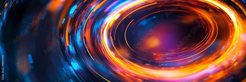 Poster A vibrant abstract background featuring a luminous swirling ring of light in shades of blue, orange, and pink. The image evokes a sense of motion, energy, and the passage of time. The swirling light m