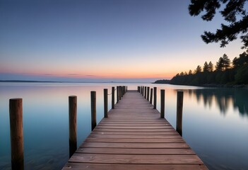 Obraz premium Wooden dock overlooking a calm blue ocean at sunset with a blurred background of trees and sky.