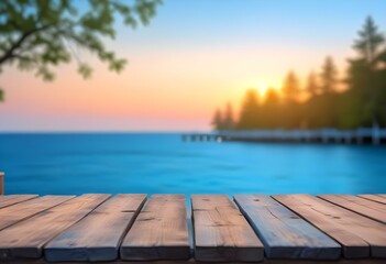 Fototapeta premium Wooden dock overlooking a calm blue ocean at sunset with a blurred background of trees and sky.