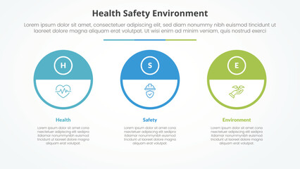 HSE infographic concept for slide presentation with big outline circle and half header with 3 point list with flat style