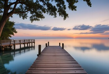 Obraz premium Wooden dock overlooking a calm blue ocean at sunset with a blurred background of trees and sky.
