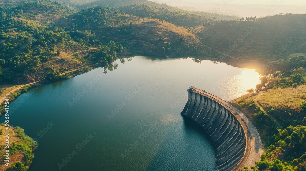 Poster An aerial panoramic view of a dam and reservoir lake nestled within lush green hills, bathed in the soft glow of sunrise. The scene embodies tranquility, power, and the beauty of nature's engineering.