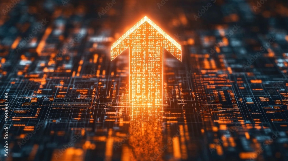 Leinwandbilder A vibrant digital arrow made of luminous dots shines brightly against a backdrop of cascading binary code, symbolizing advancement in technology and data movement
