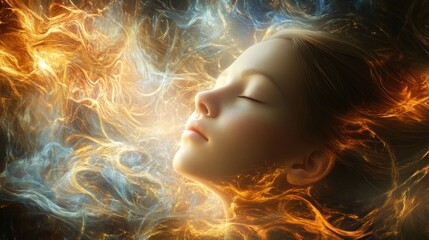 The serene expression of a young woman is captured as she appears to be immersed in a surreal environment filled with vibrant flames and luminous colors, evoking a mystical ambiance
