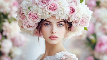 Naklejka premium A young woman stands gracefully with striking blue eyes, adorned with a beautiful crown of pink roses amidst blooming flowers, embodying the essence of spring