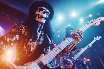 Obraz premium skeleton playing on electric guitar, Skull in the fire, A band of skeletons