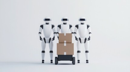 Three humanoid robots stand beside a cart stacked with cardboard boxes, set against a minimalistic background.