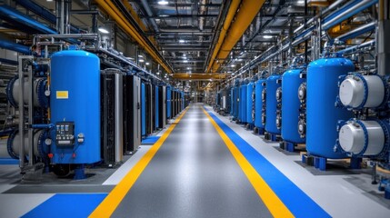 Obraz premium In a modern industrial space, large blue tanks and machinery line a corridor under bright lights, highlighting the organized and efficient nature of the production area during daytime hours