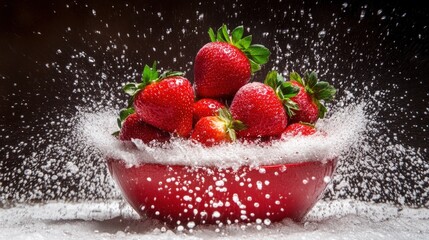 Juicy strawberries are splashing into a red bowl against a dark background, with water droplets flying in all directions, creating a refreshing and vibrant moment