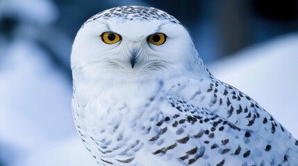 Obraz premium A majestic snowy owl stands in a serene snowy environment, its bright yellow eyes piercing through the cold winter day, highlighting its stunning white plumage and unique feather patterns