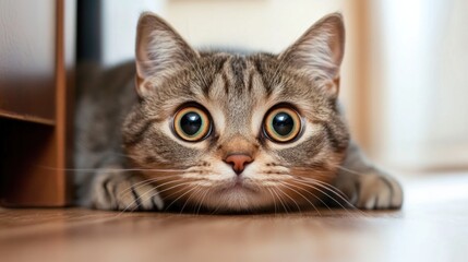 A tabby cat with large eyes appears inquisitive as it crouches on a wooden floor, poised in a cozy indoor space filled with warm afternoon light
