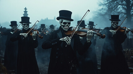 Fototapeta premium skeleton playing on electric guitar, Skull in the fire, A band of skeletons