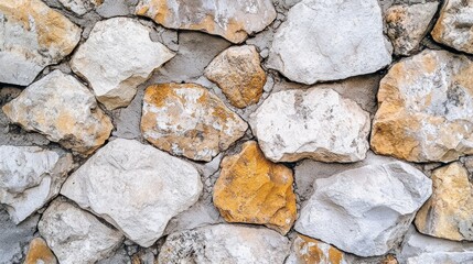 A close-up view of a textured stone wall consisting of various sized rocks in shades of white and tan, highlighting the craftsmanship and natural materials used in its construction