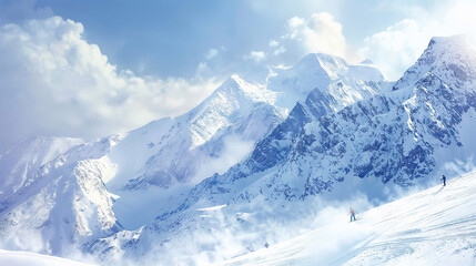 extreme skiers are enjoying a beautiful sunny day going down a snowy mountain. The fresh powder snow is blowing up behind them as they make their way down the mountain. Winter sports