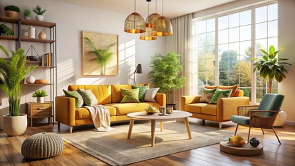 Fototapeta premium Cozy Minimalist Decor in a Bright Living Room Featuring Soft Textures and Natural Elements