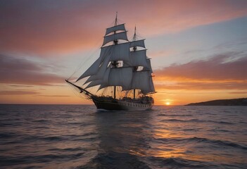 Obraz premium A majestic sailboat floats in the ocean at sunset on the horizon