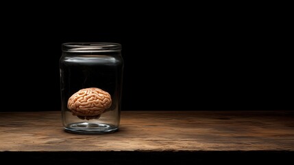 A glass jar with a preserved brain sits on a rustic wooden surface, softly lit against a black background, sparking thoughts on neuroscience and human cognition