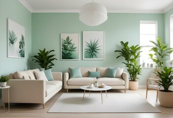 A modern living room with a mint green color scheme. The room features a beige sofa, a white coffee table, and a large white framed artwork on the wall.
