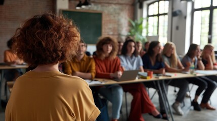 A teacher stands at the front, guiding an interactive discussion while students attentively listen and participate in a spacious, stylish classroom setting