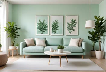 A modern living room with a mint green color scheme. The room features a beige sofa, a white coffee table, and a large white framed artwork on the wall.