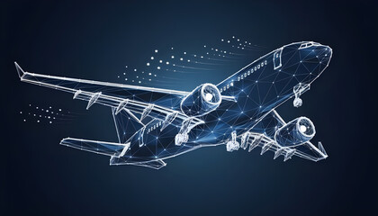3d airplane isolated in dark blue. Abstract vector wireframe of airliner. Travel, tourism, business, airline transportation concept. Low poly glowing mesh with dots, lines, stars and flying particles.