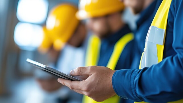 A group of construction workers in hard hats and safety vests is focused on their tablets, collaborating on project management tasks at a well-lit construction site
