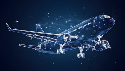 3d airplane isolated in dark blue. Abstract vector wireframe of airliner. Travel, tourism, business, airline transportation concept. Low poly glowing mesh with dots, lines, stars and flying particles.