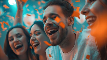 Obraz premium A group of friends enjoys a night of celebration, sharing smiles and laughter as colorful confetti falls around them in a lively party atmosphere filled with bright lights