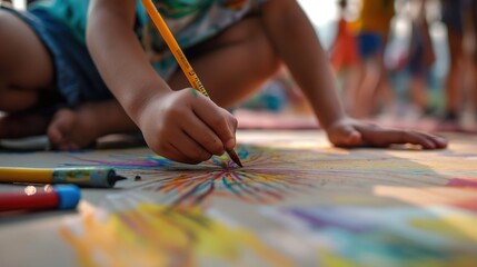 Naklejka premium Migrant children drawing pictures in an art therapy session, expressions of creativity and emotional expression, sense of healing and adaptation, indoor setting with art supplies