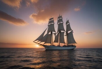 Fototapeta premium A majestic sailboat floats in the ocean at sunset on the horizon