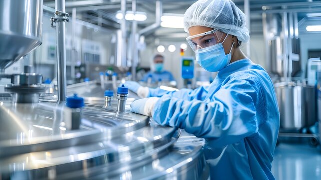 Lab technician monitoring bioreactor vessels in a pharmaceutical production setting.